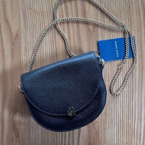 Cole Haan Pebbled Leather Black  Crossbody Bag with Gold Chain Strap
